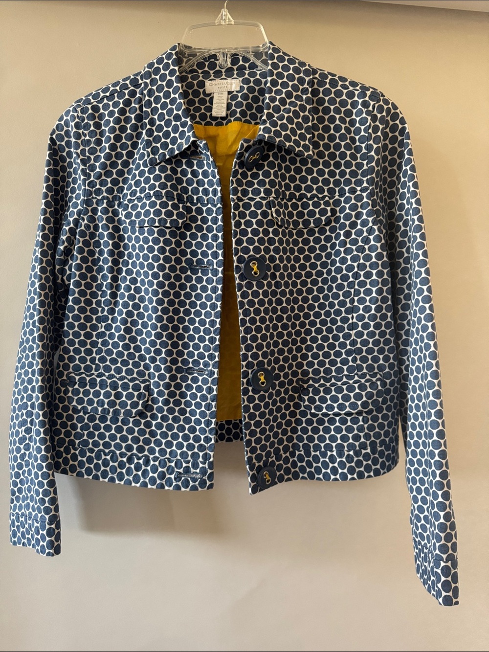 Charter Club Petite Blue and White Polka Dot Cropped Cotton Jacket
